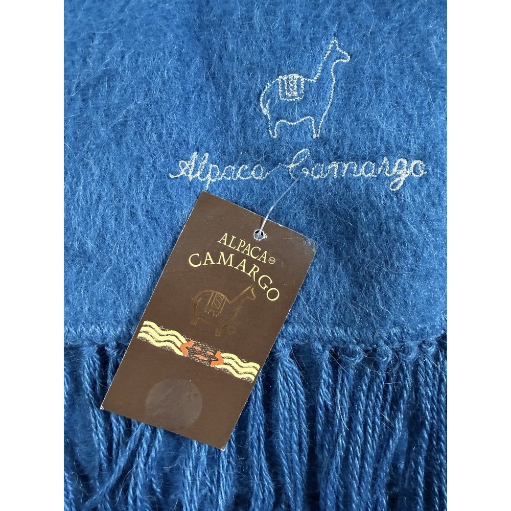 Alpaca Camargo Scarf Blue 30% Alpaca Fringe Embroidered Llama NWT - Picture 3 of 5